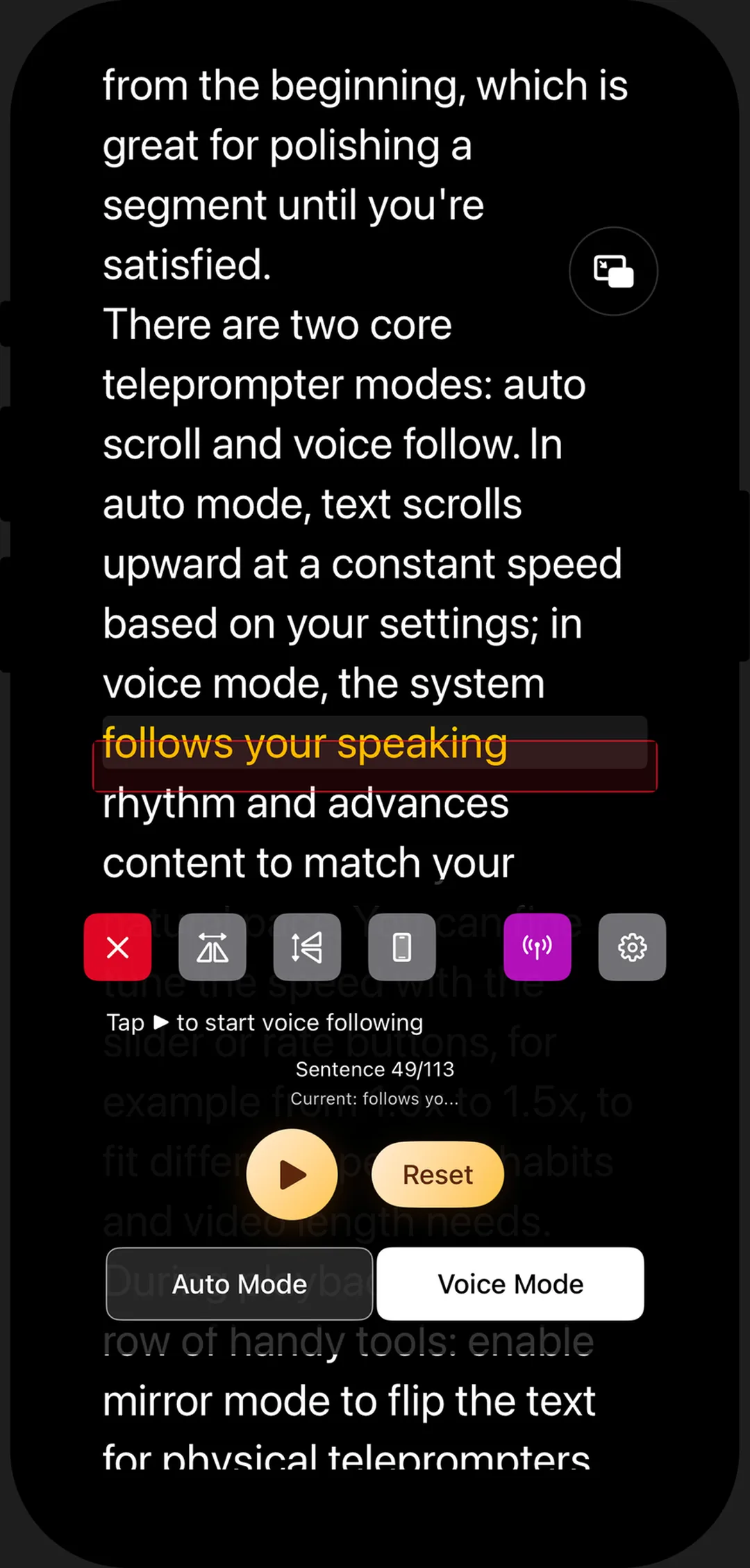 Beast Teleprompter AI follow reading active on iPhone — script scrolls with your voice