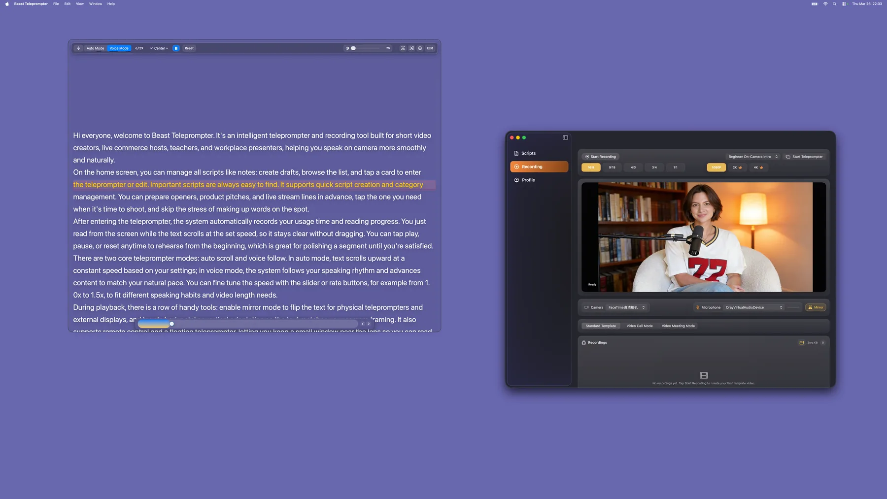 Beast Teleprompter for Mac — recording and teleprompter interface on MacBook