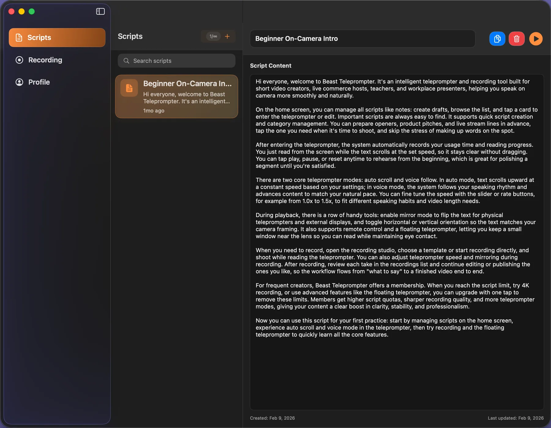 Beast Teleprompter Mac — script list and management