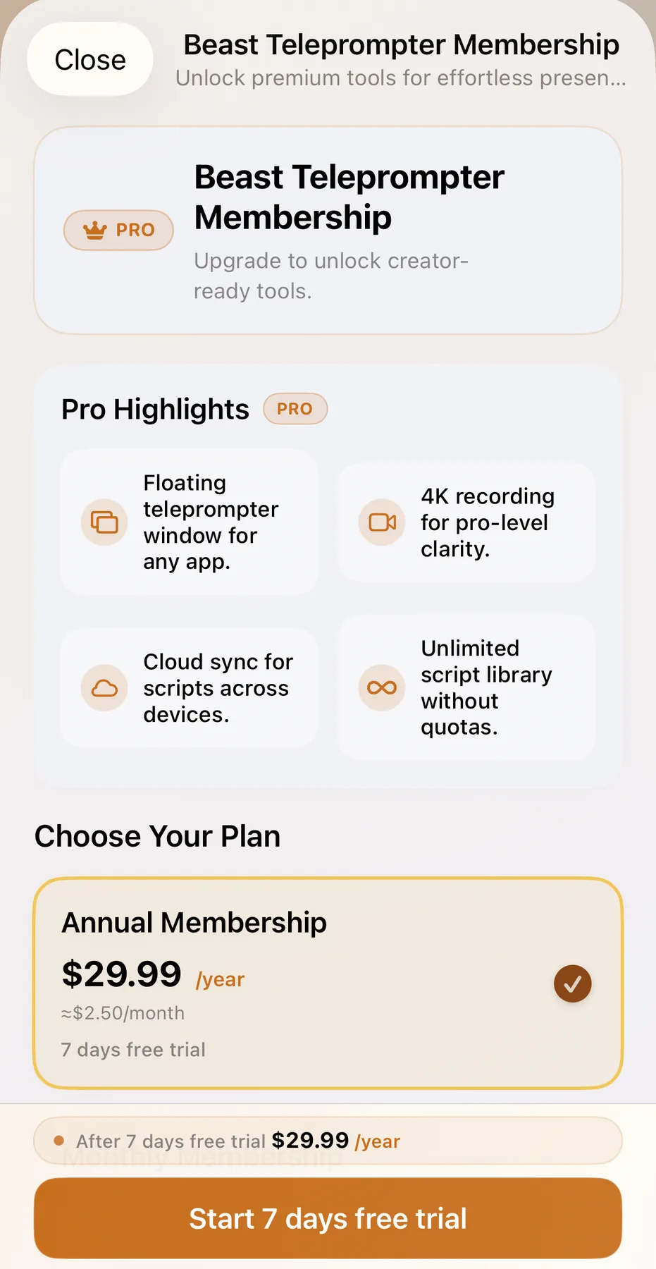 Beast Teleprompter Pro plan, pricing and features