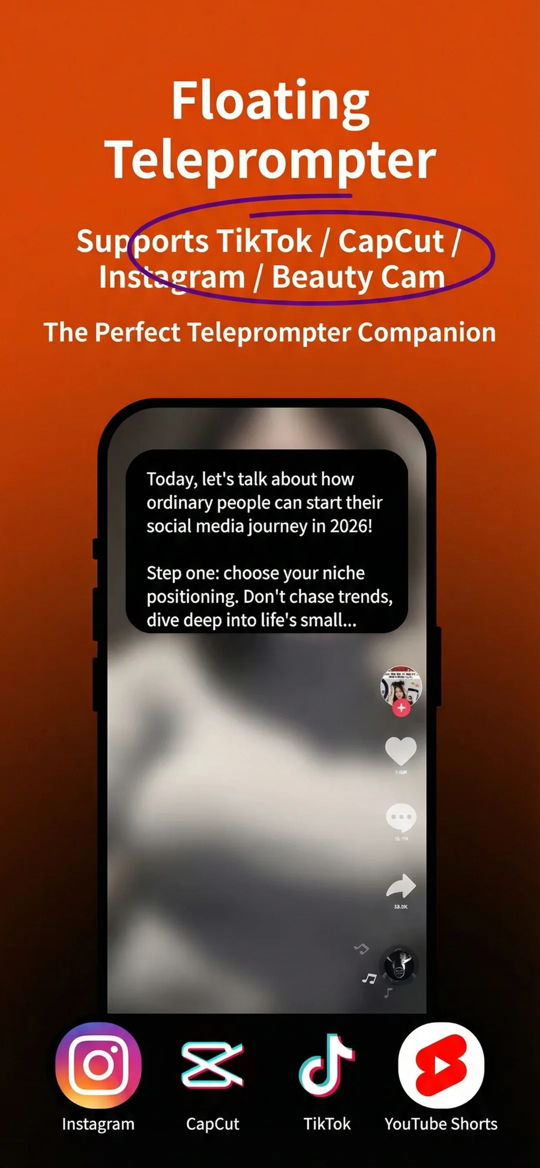 Beast Teleprompter floating prompt window over live apps on iPhone