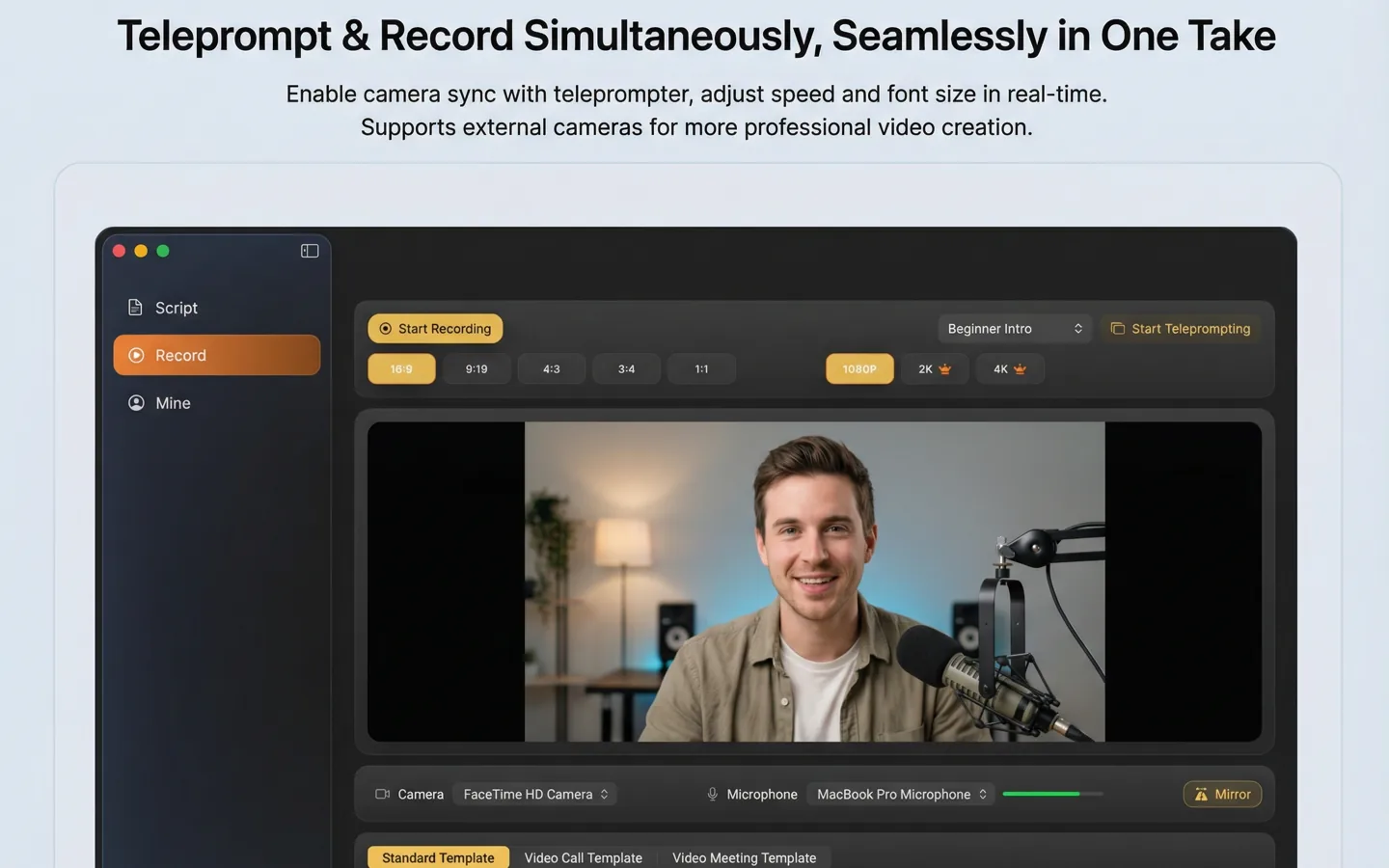 Beast Teleprompter on Mac — teleprompter and recording studio running simultaneously