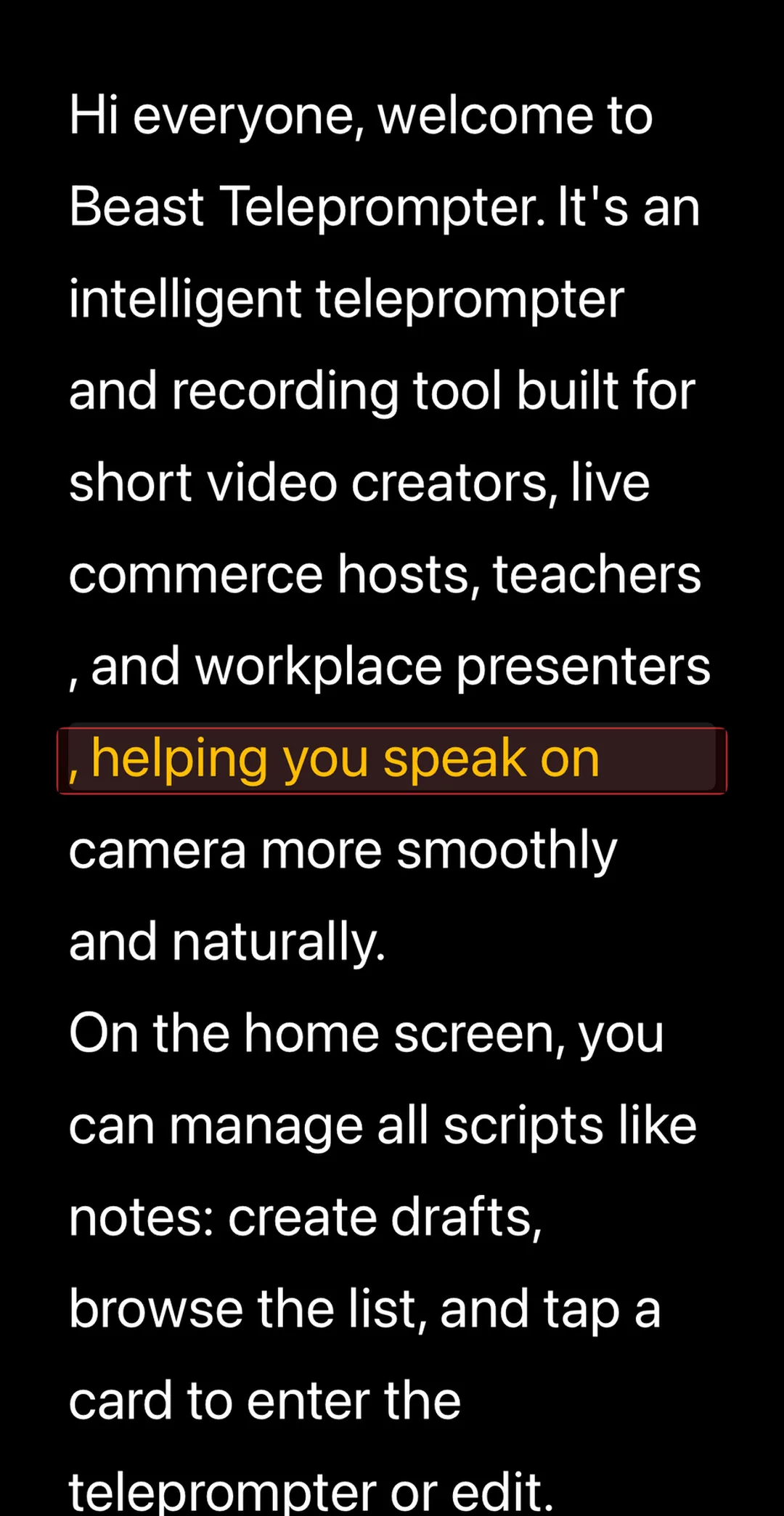 Beast Teleprompter AI follow reading — script scrolls automatically as you speak while recording