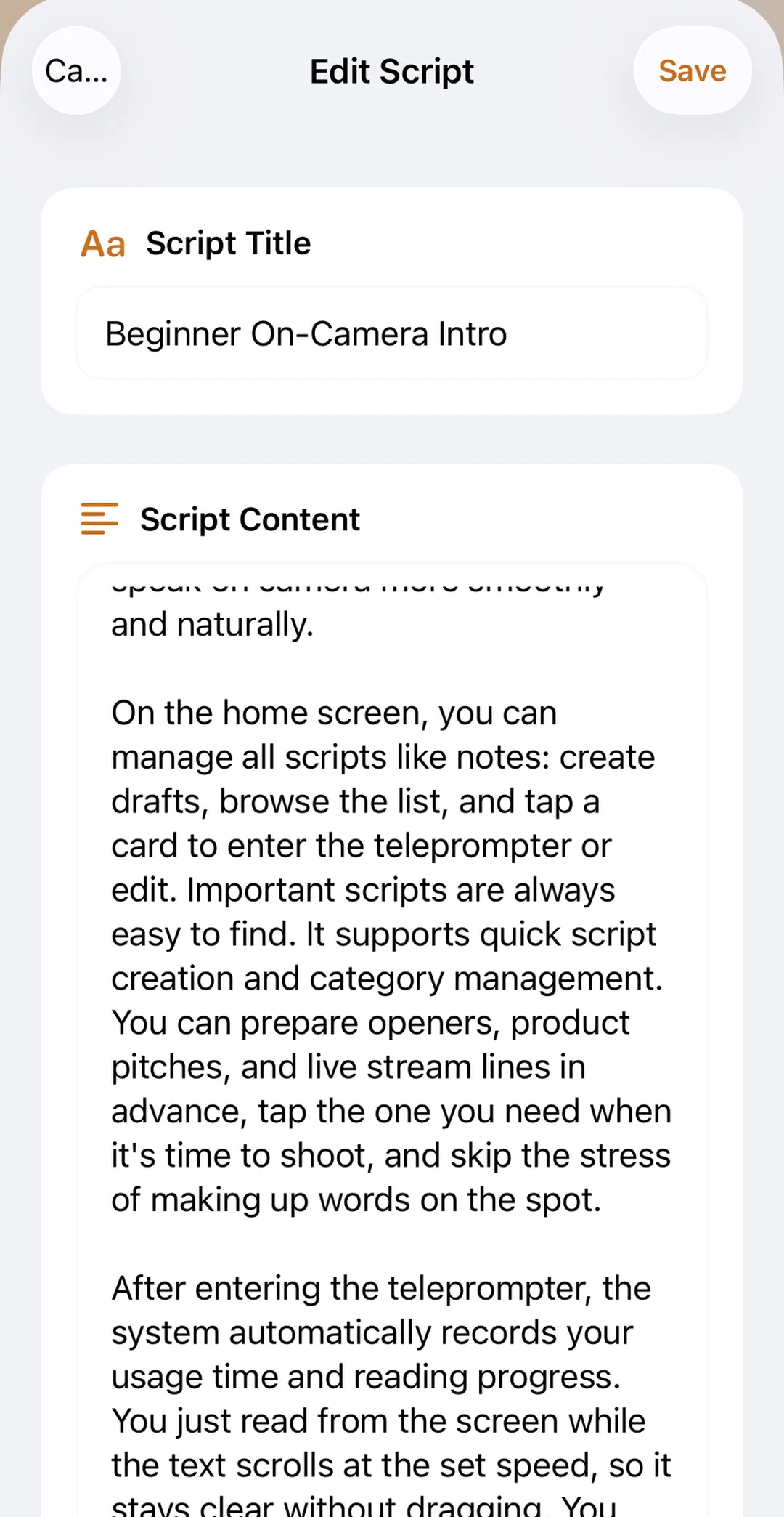 Beast Teleprompter iPhone app, script editor showing script management workflow